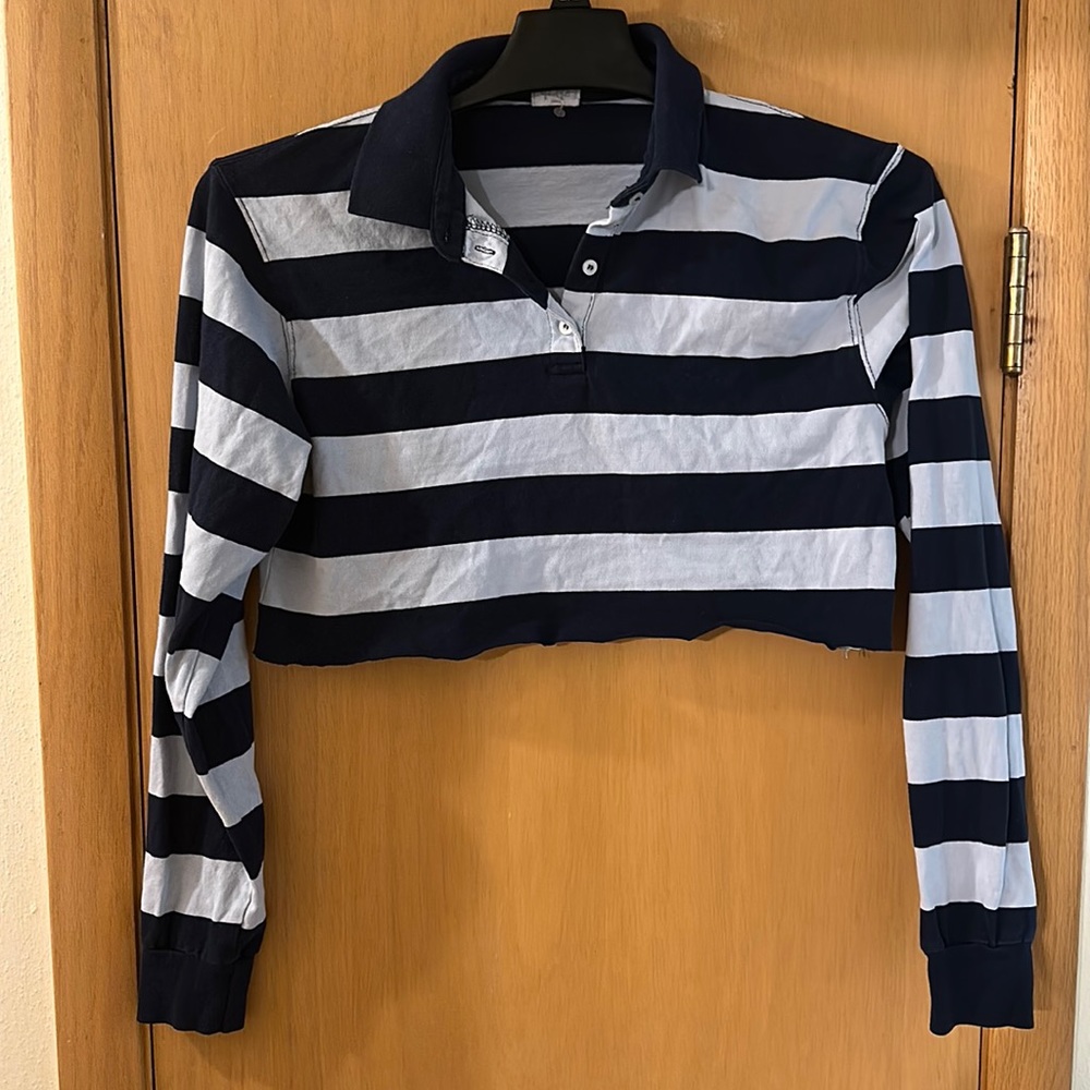 John Galt Striped Cropped Long Sleeve Polo Shirt Blue Navy Blue Size Small